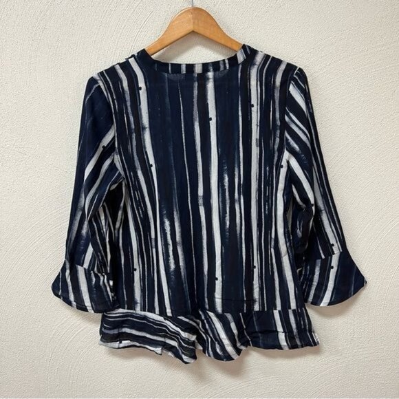 Habitat Navy & White Striped Button Front Blouse with Bell Sleeves Sz S - Picture 4 of 4